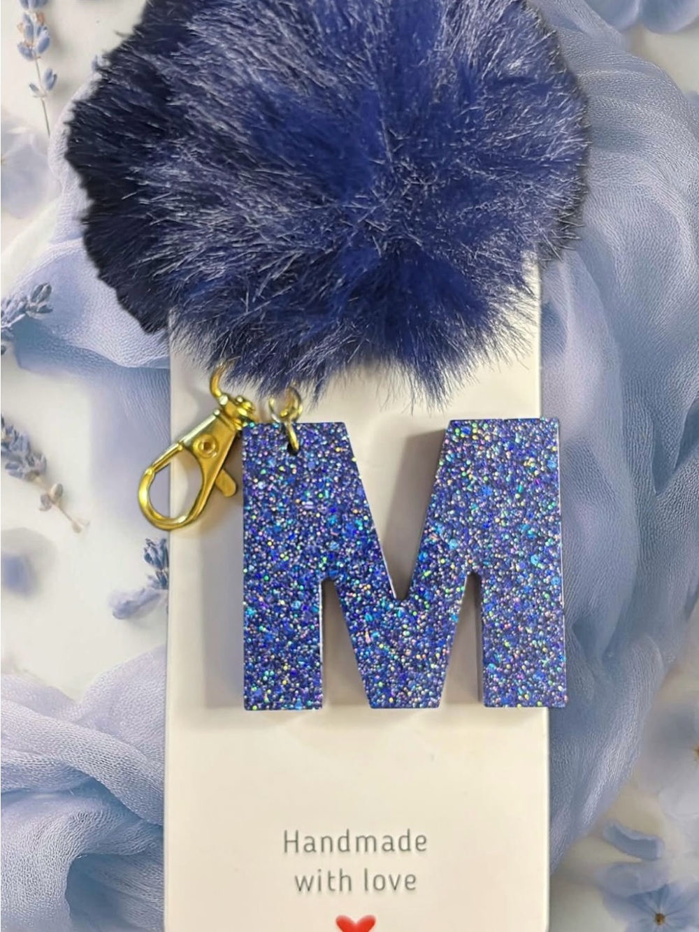 Glitter Navy 'M' Keychain Charm with Pom Pom